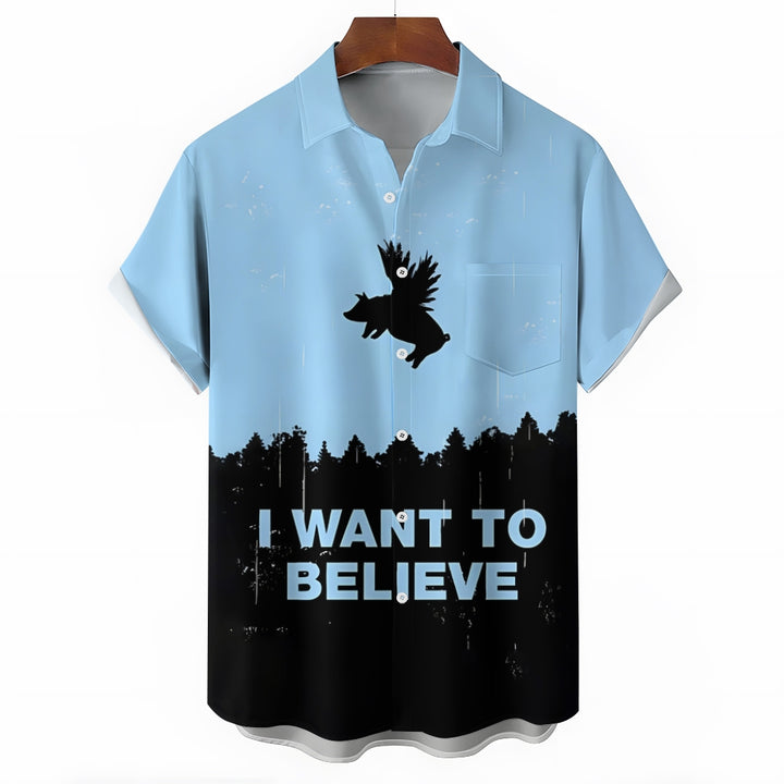 I WANT TO BELIEVE Flying Pig Print Short Sleeve Shirt 2407005314