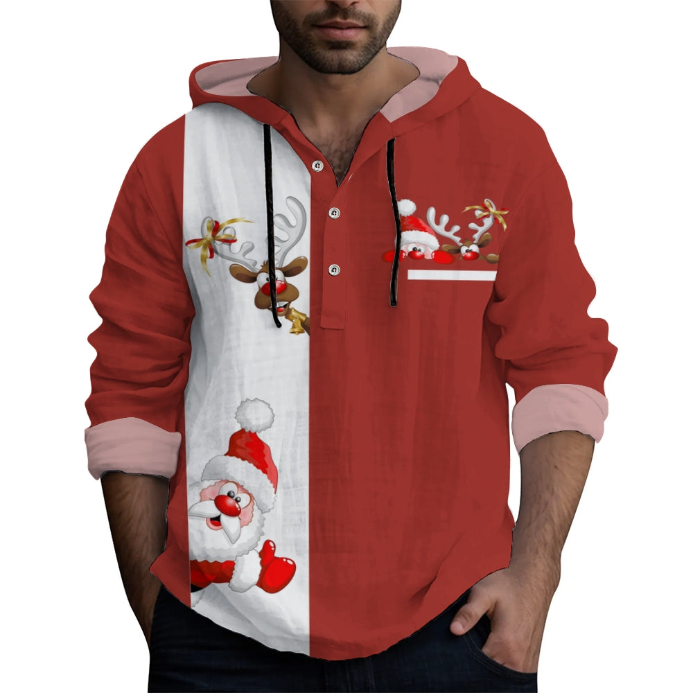 Men's Casual Christmas Print Long Sleeve Hooded Shirt