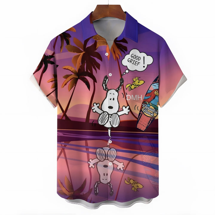 Men's Hawaiian Cartoon Puppy Diving Casual Short Sleeve Shirt 2408007561