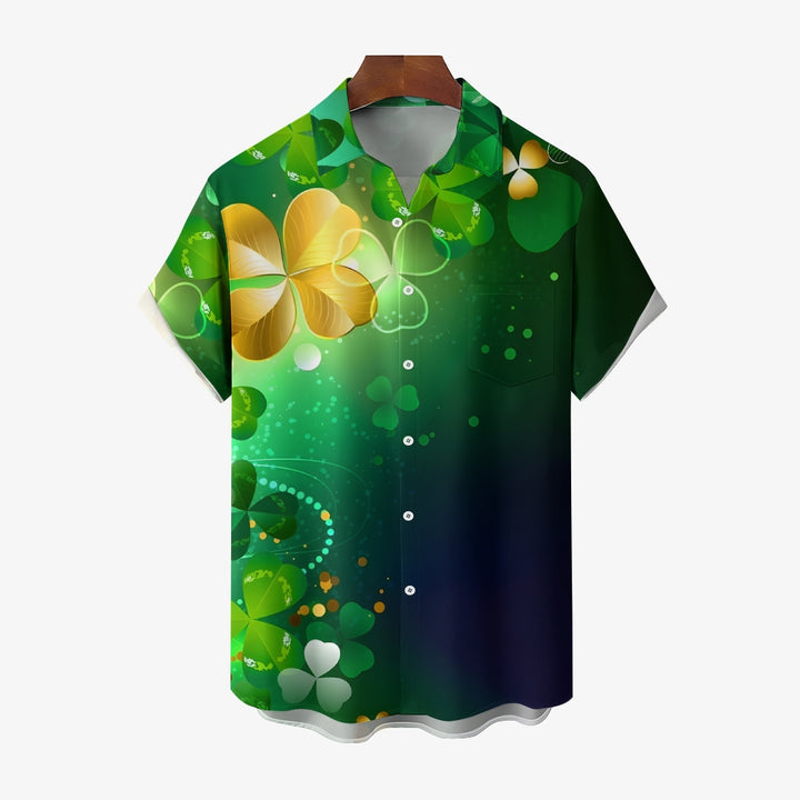 St. Patrick's Day Four-Leaf Clover Print Casual Shirt 2412006491