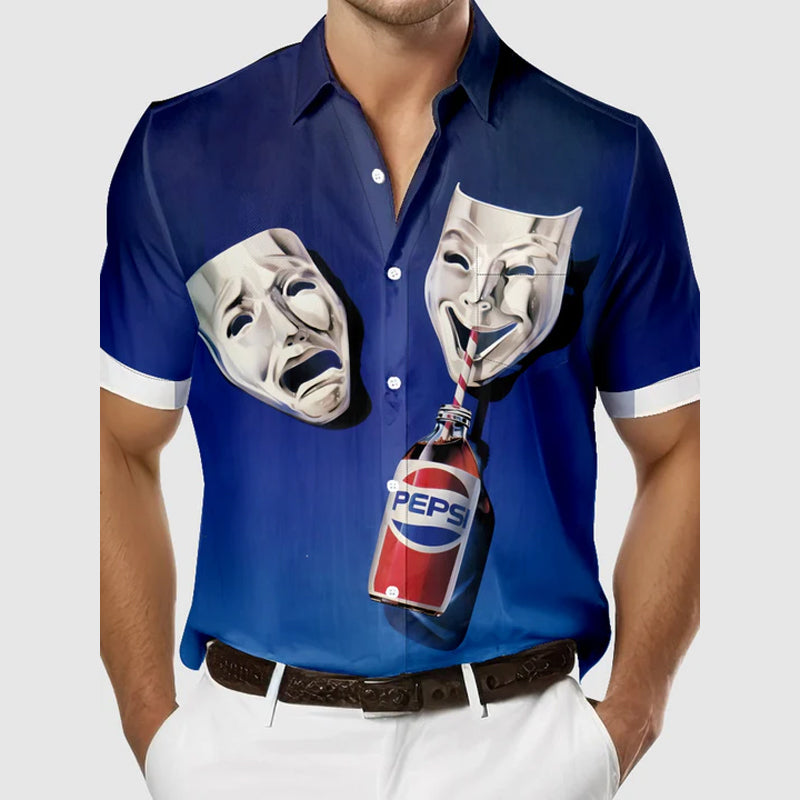 Men's Comedy Mask Drinking a Pepsi Tragedy Mask Just Sad Short Sleeve Shirt