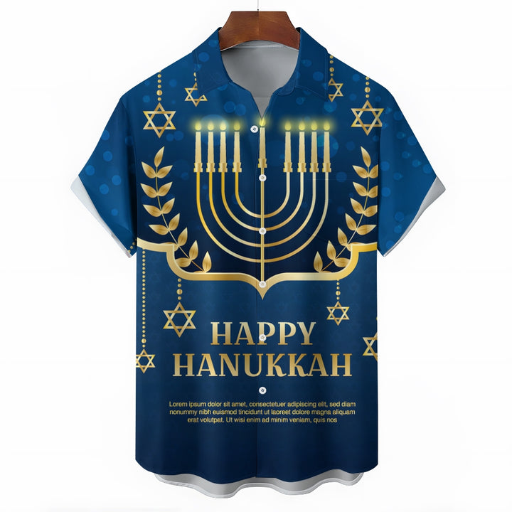 Happy Hanukkah Candle Print Short Sleeve Shirt 2411011956