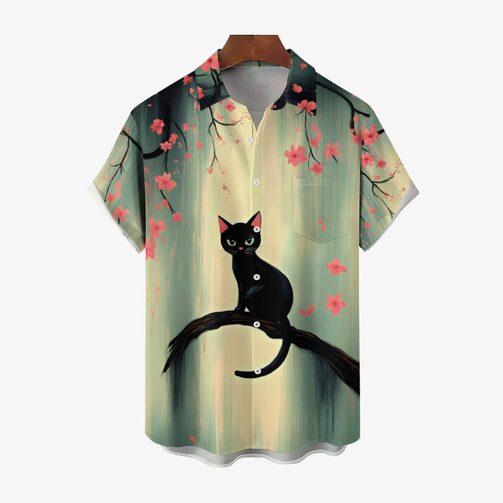 Cat Print Under The Cherry Blossom Tree Casual Shirt 2412008953