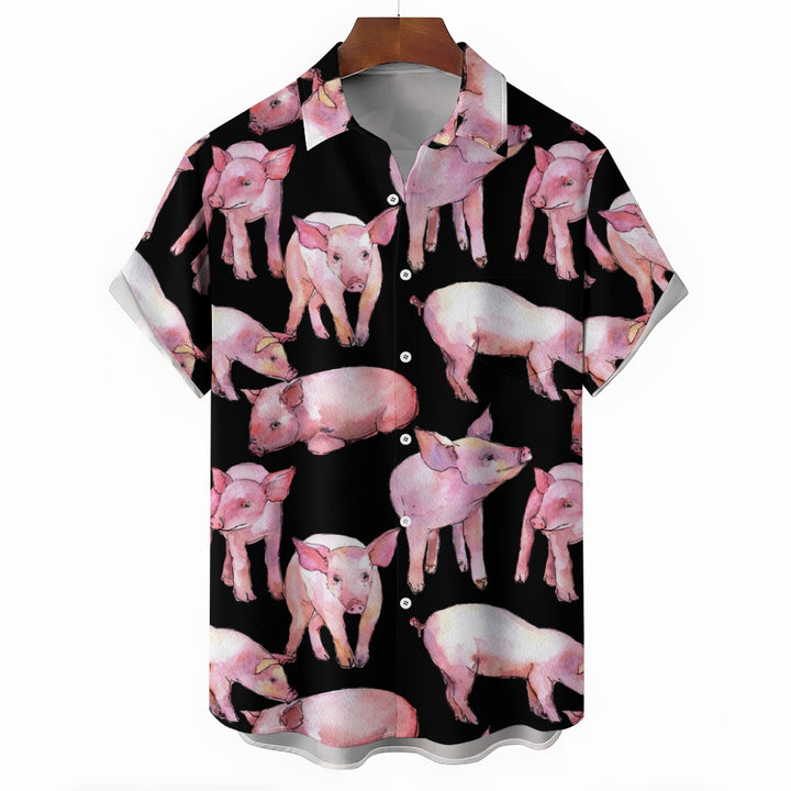 Watercolor Piglet Print Casual Oversized Short Sleeve Shirt 2407005423