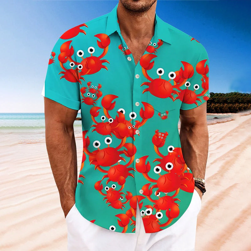 Men Summer Ocean Crab Button Casual Shirt