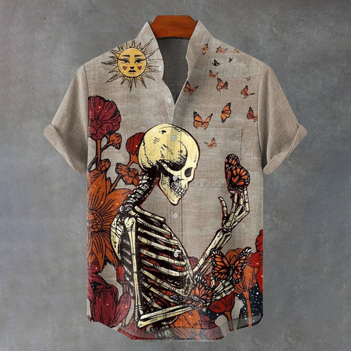 Skull Flower Field Butterfly Vintage Print Casual Shirt