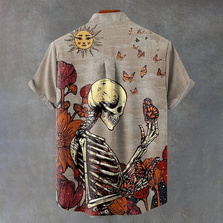 Skull Flower Field Butterfly Vintage Print Casual Shirt