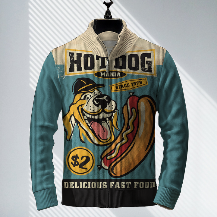 Men's Artistic Hot Dog Print Zip-Up Sweater Jacket 2409005258