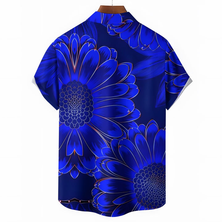 Men's Blue Daisy Print Casual Flower Short Sleeve Shirt 2412005891