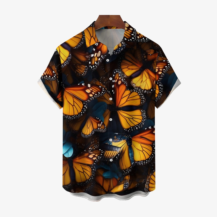 Vintage Butterfly Print Chest Pocket Short Sleeve Shirt 2411005934