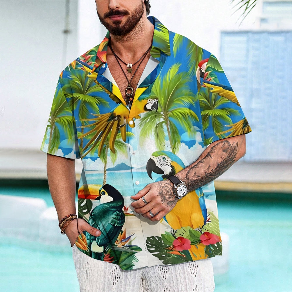 Hawaiian Parrot Print Casual Short Sleeve Shirt 2411000263