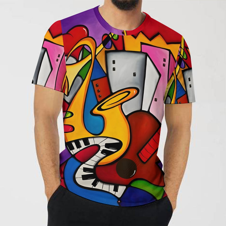 Musical Instruments Abstract Geometric Print Short Sleeve T-Shirt