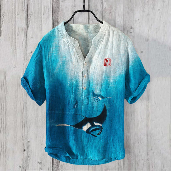 Underwater Devilfish Print Linen V-Neck Shirt