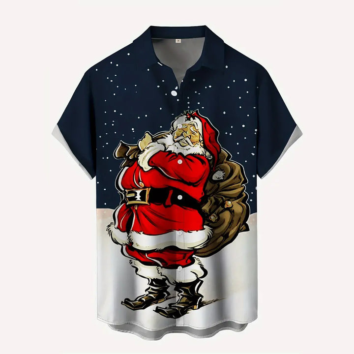 Men's Santa & Starry Sky Print Casual Short Sleeve Shirt