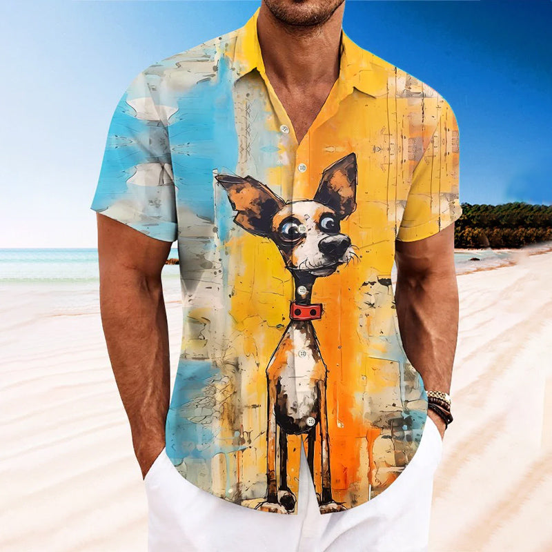 Men Funny Animals Dog Oil Painting Art Short Sleeve Shirt 2409000952