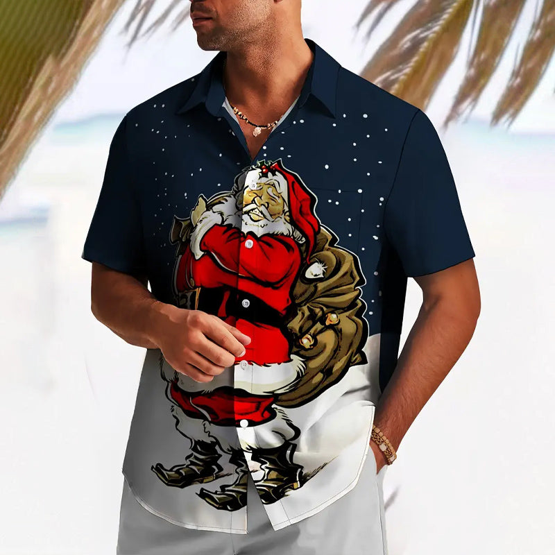 Men's Santa & Starry Sky Print Casual Short Sleeve Shirt