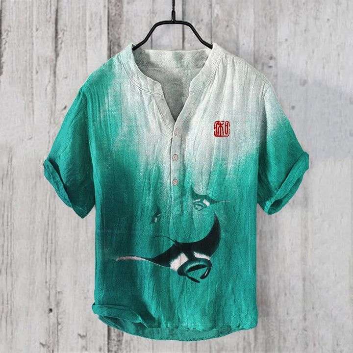 Underwater Devilfish Print Linen V-Neck Shirt