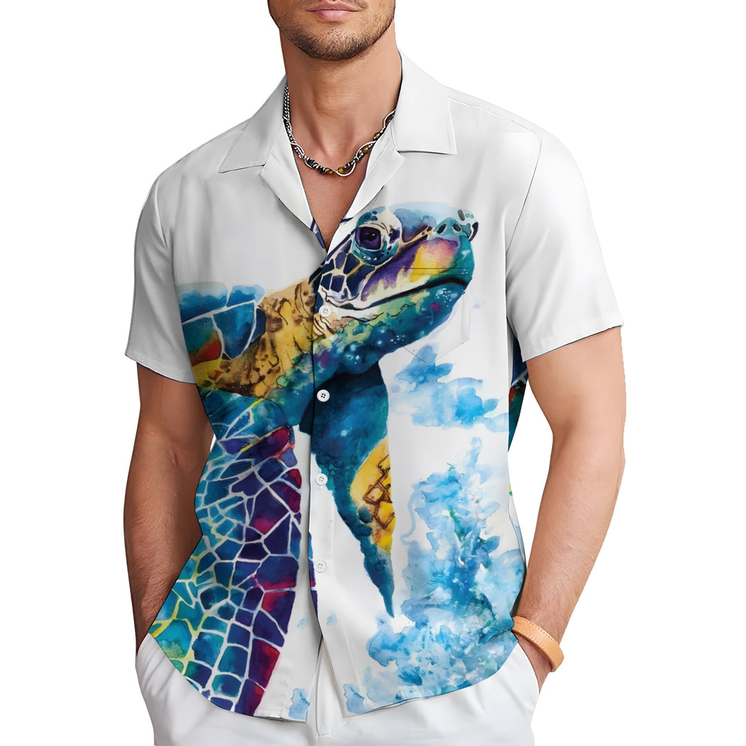 Men's Watercolor Art Turtle Casual Short Sleeve Shirt 2403000810