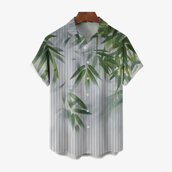 Men's Bamboo Leaf Reflection Glass Print Short Sleeve Shirt 2412002236