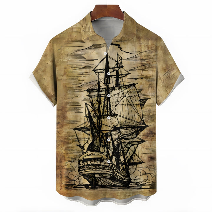 Men's Vintage Sailing Sailboat Print Short Sleeve Shirt 2412006981