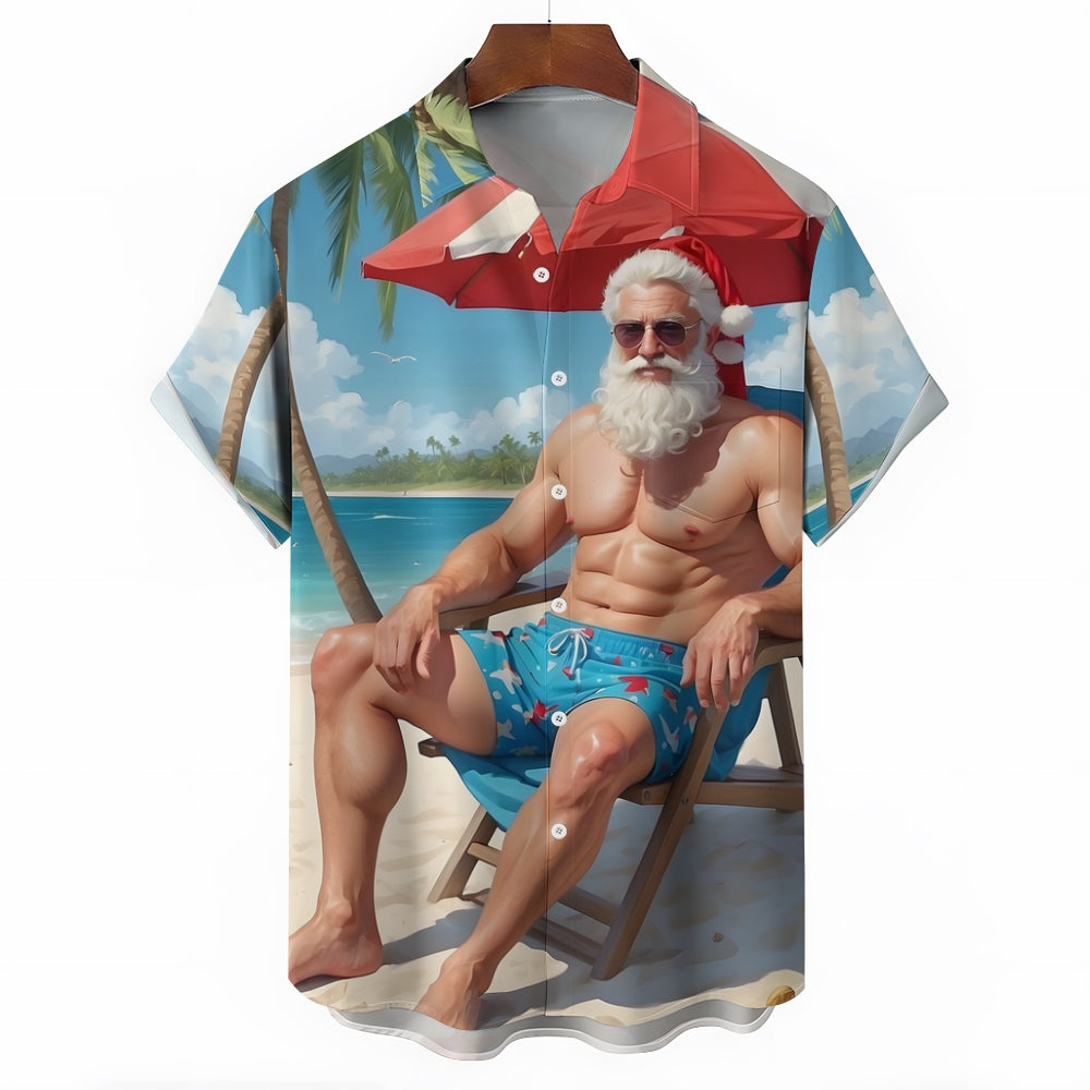 Christmas Santa Holiday Print Chest Pocket Short Sleeve Shirt 2411006346