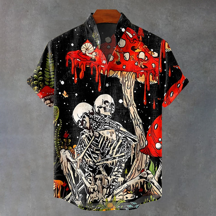 Vintage Skeleton Flowers Mushroom Art Print Casual Shirt