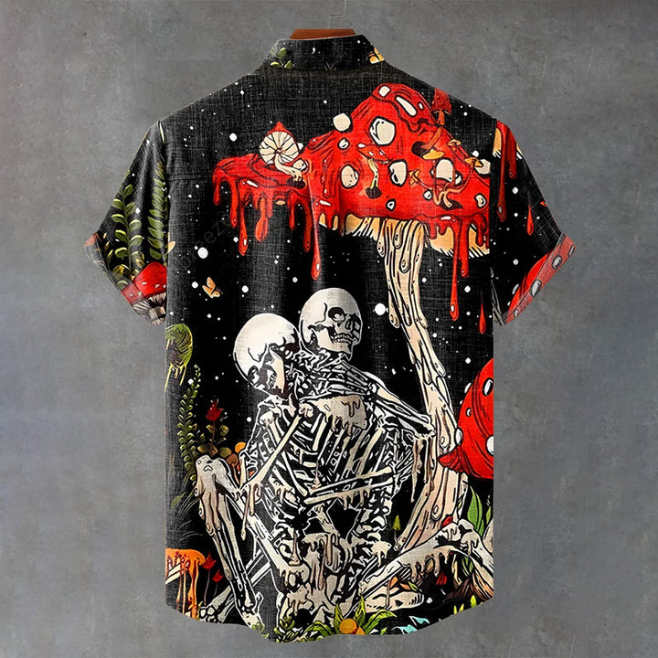 Vintage Skeleton Flowers Mushroom Art Print Casual Shirt