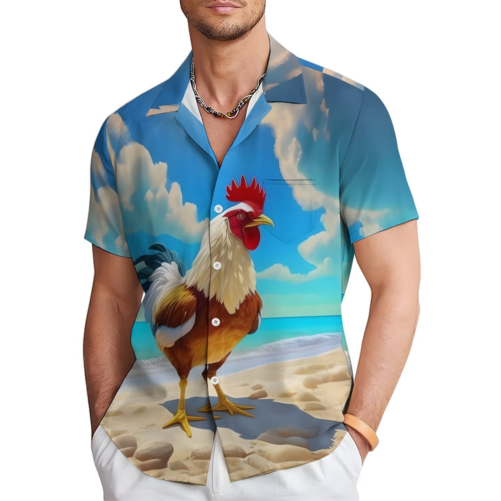 Rooster Print Resort Casual Short Sleeve Shirt 2405002089