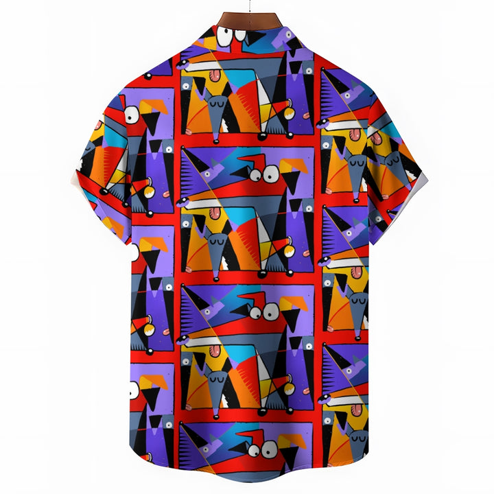 Geometric Hound Print Casual Short Sleeve Shirt 2409001584