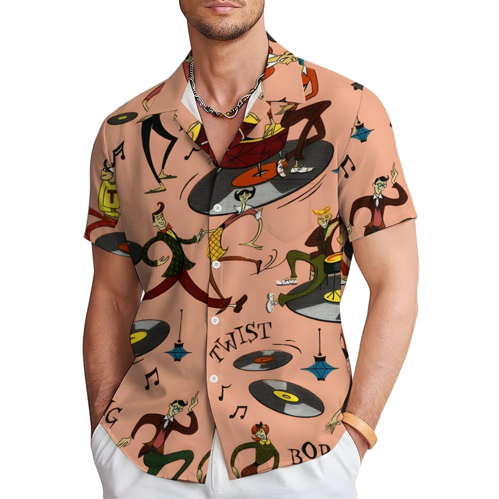 Music Vinyl Record Cartoon Linen Short-Sleeved Shirt 2409010076