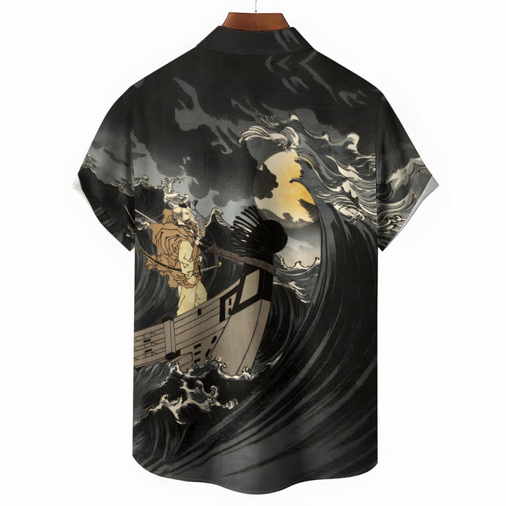 Ukiyo-e Waves and Samurai Casual Large Size Short Sleeve Shirt 2406003242