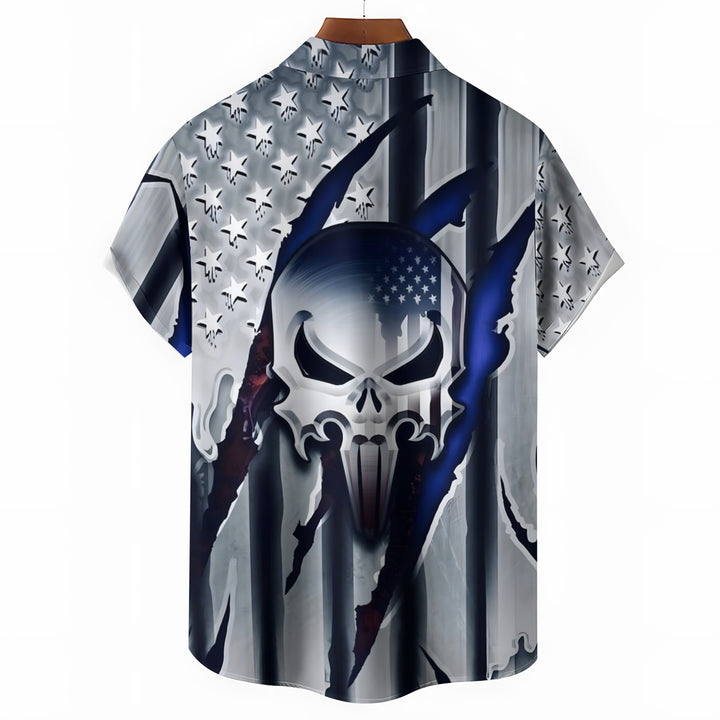Men's Flag Skull Print Short Sleeve Shirt 2404001799