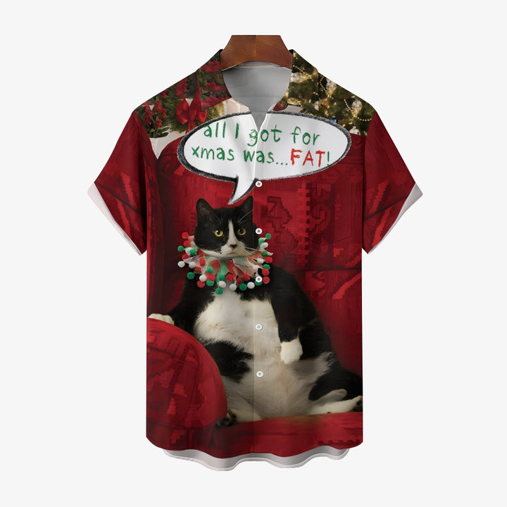 Christmas Fat Cat Fun Print Short Sleeve Shirt 2410003712