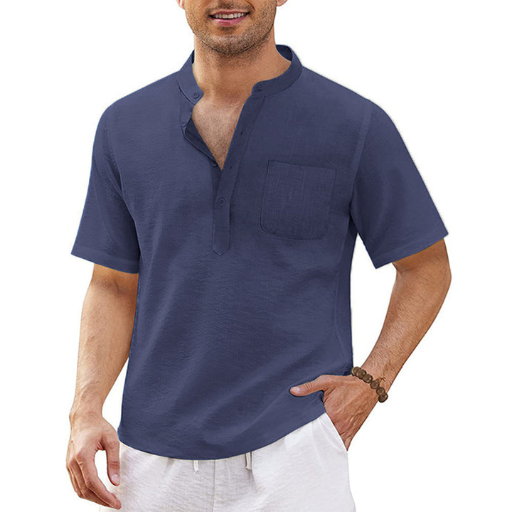 Breathable And Comfortable Cotton And Linen Stand-Up Collar Half-Lapel Short-Sleeved Shirt 2405000991