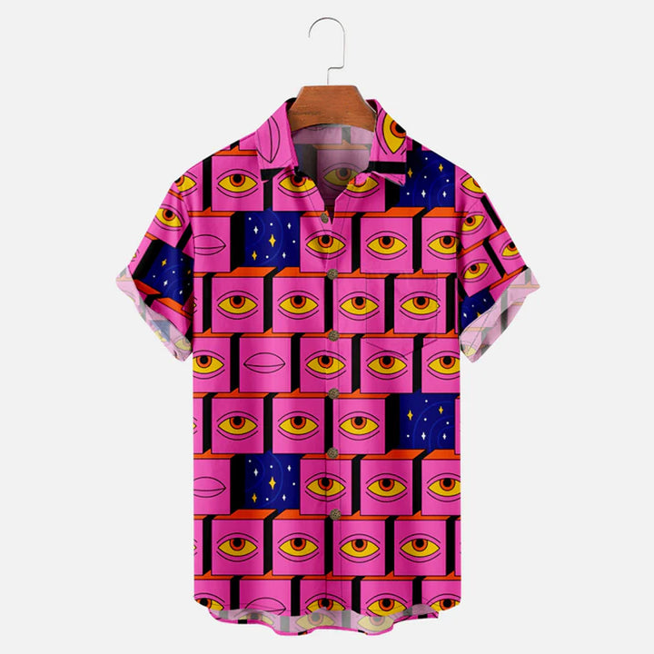 Men's Retro 70s Inspired Psychedelic Eye Pattern Short Sleeve Shirt