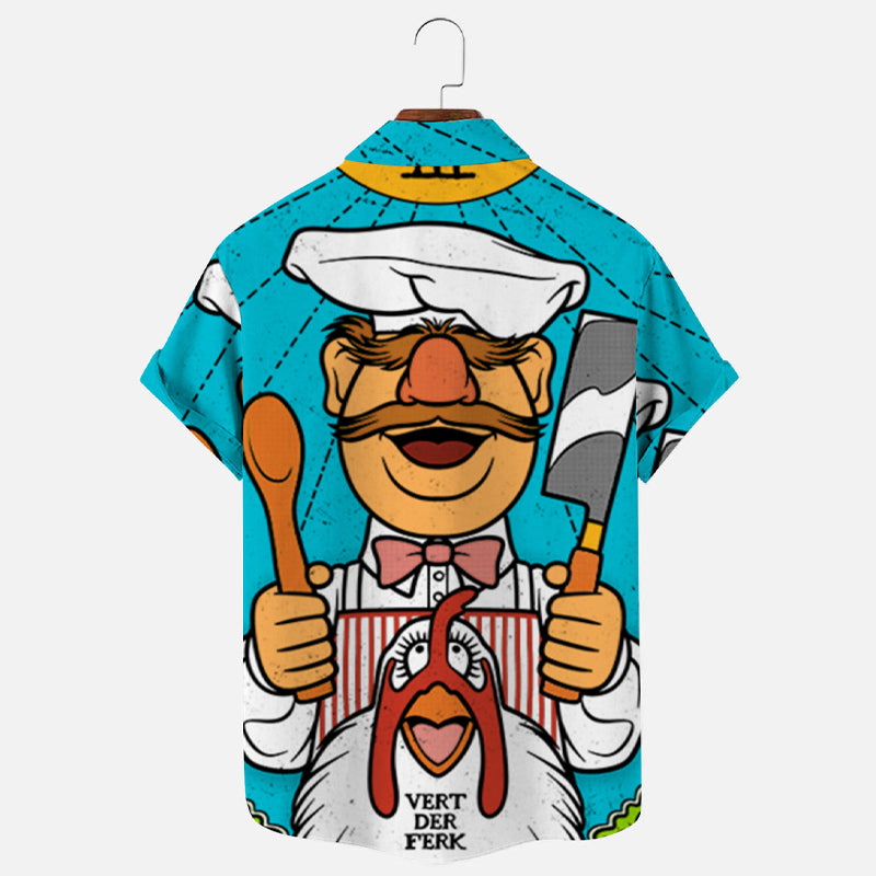 Men's Cartoon Chef Print Hawaiian Short Sleeve Shirt