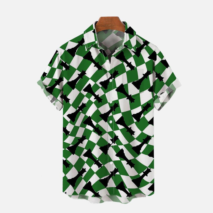 Abstract Twisted Green And White Grid And Chess Pieces Printing Short Sleeve Shirt