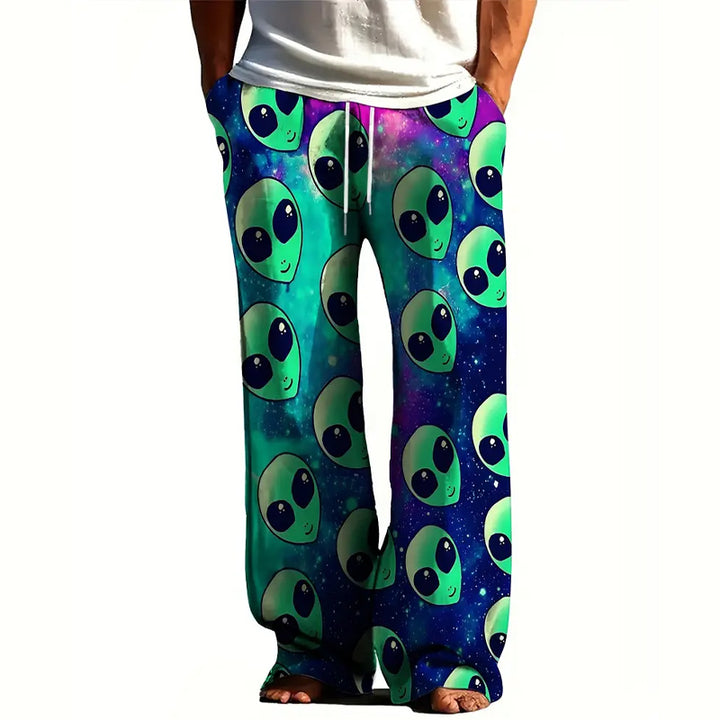 Men's Vintage-Inspired Alien Print Loose Fit Straight-Leg Pants