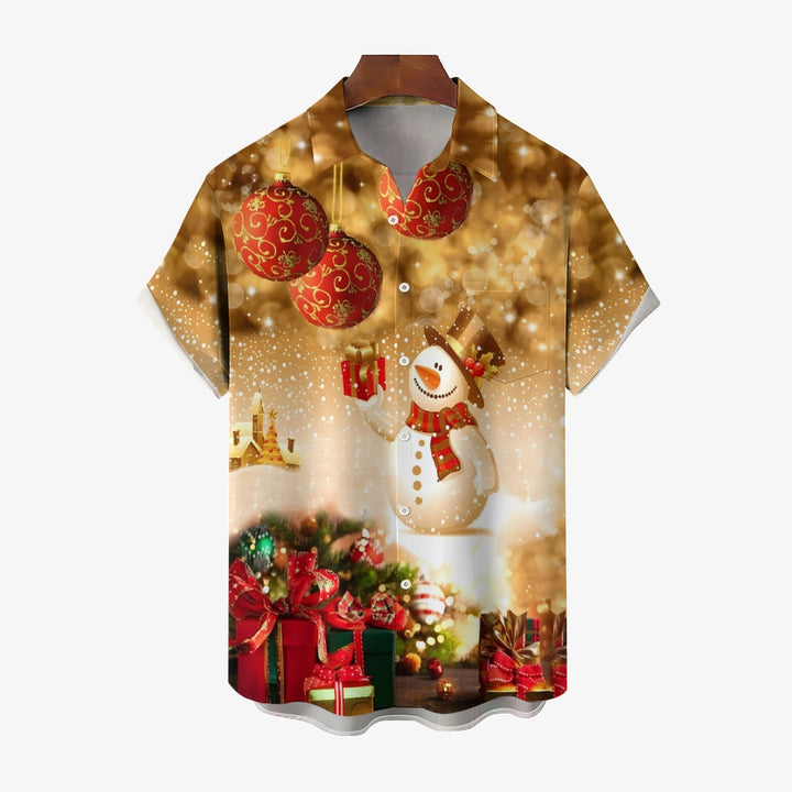 Christmas Snowman Gift Chest Pocket Short Sleeve Shirt 2411005870