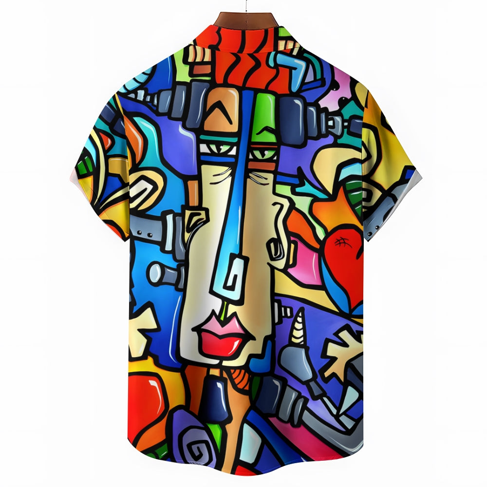 Geometric Art Face Print Casual Short Sleeve Shirt 2412006995