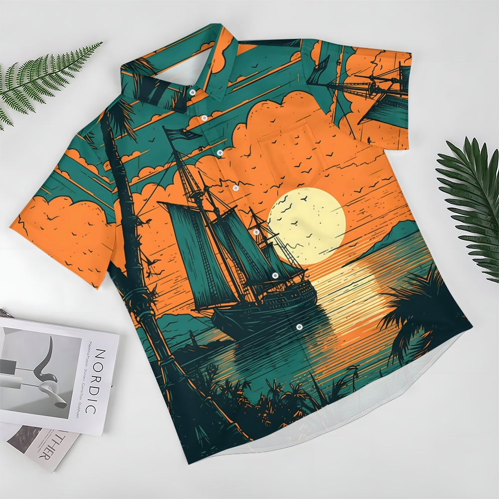 Sailing Boat On Sea Casual Short Sleeve Shirt 2405000681