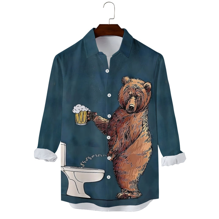 Fun Bear Beer Print Casual Long Sleeve Shirt