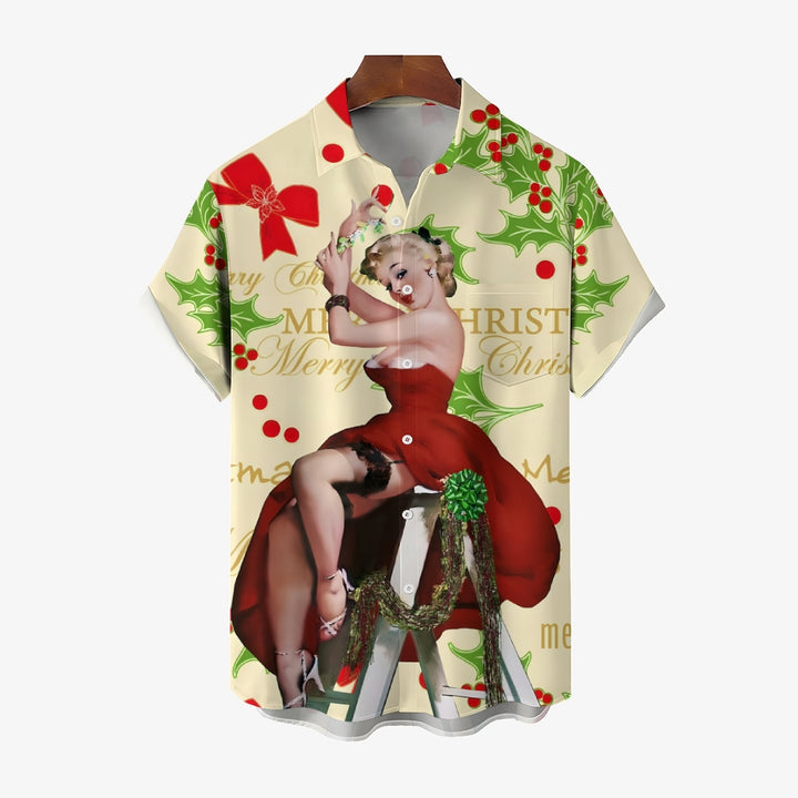 Merry Christmas Sexy Girl Print Casual Short Sleeve Shirt 2411008162