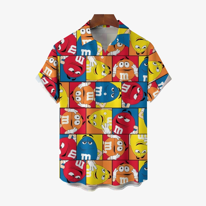 Cartoon Chocolate Beans Print Chest Pocket Short Sleeve Shirt 2411002229