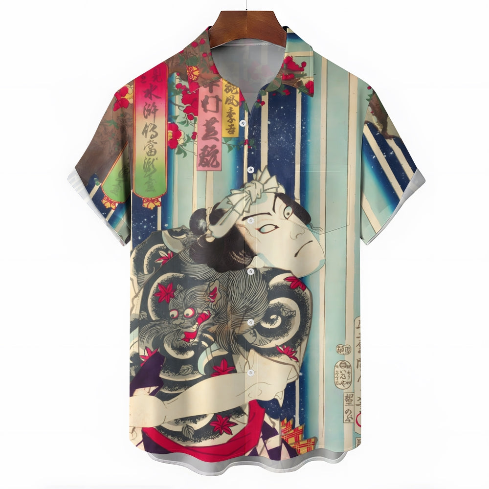Ukiyoe Japanese Samurai Casual Large Size Short Sleeve Shirt 2406003336