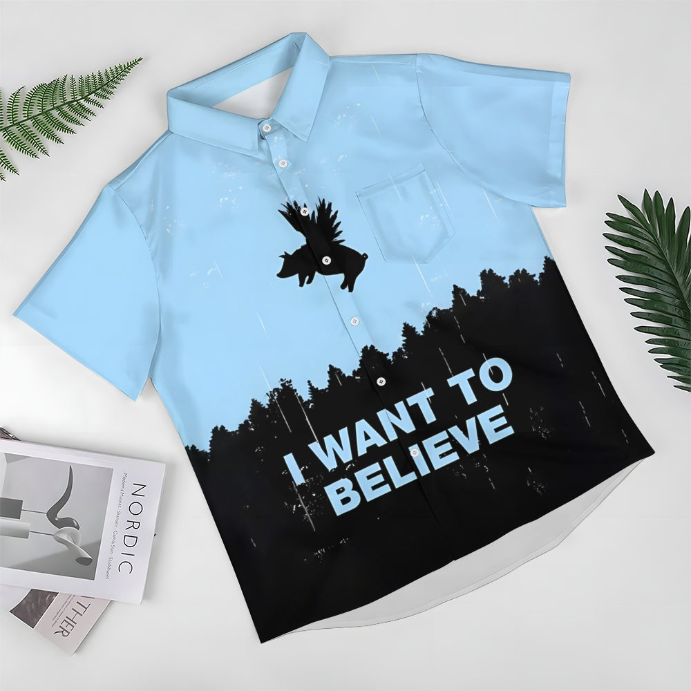 I WANT TO BELIEVE Flying Pig Print Short Sleeve Shirt 2407005314