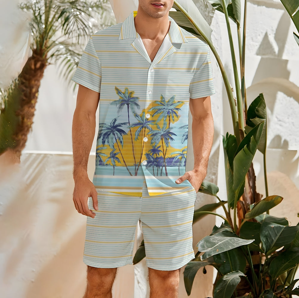 Men's Hawaiian Coconut Stripes Print Beach Two-Piece Suit 2403000603