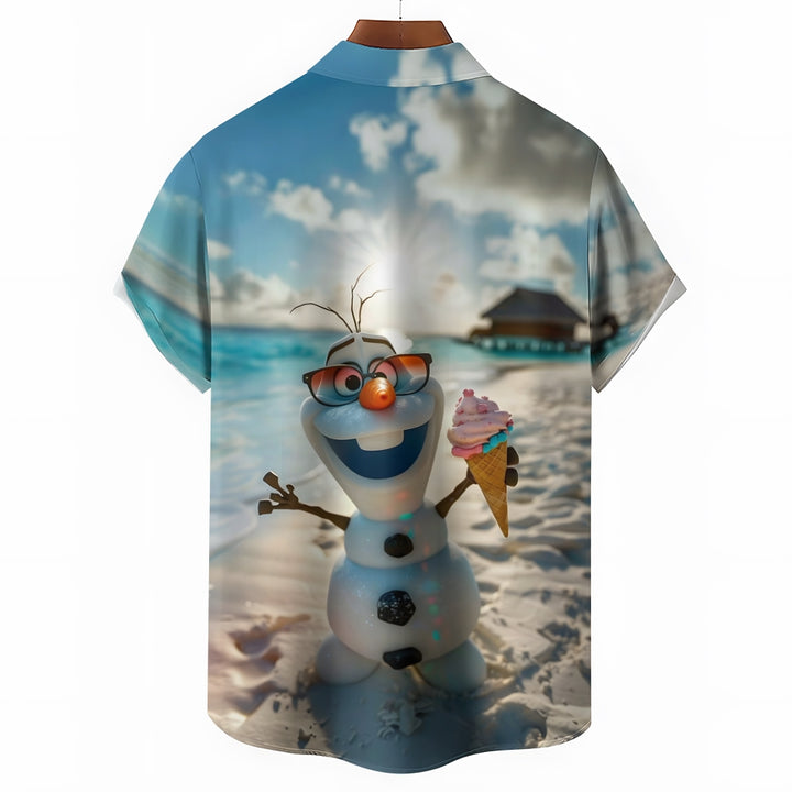 Cartoon Snowman Hawaiian Casual Short Sleeve Shirt 2409002476