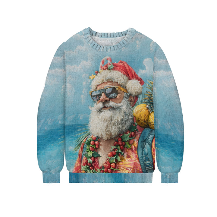 Santa Holiday Christmas Print Casual Knit Crew Neck Sweater 2411010327