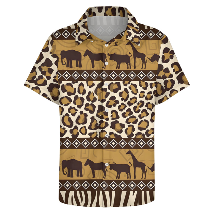 African Savannah Wildlife Print Casual Short Sleeve Shirt 2404001397